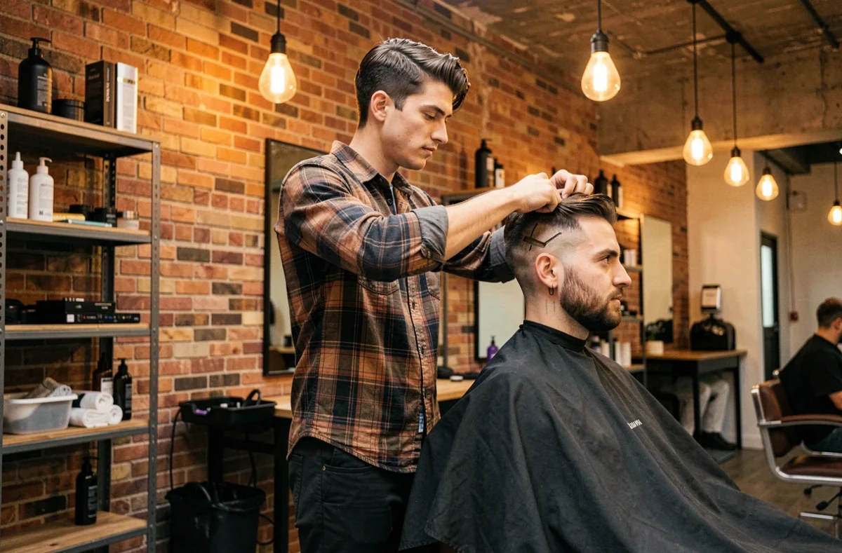 Coiffeur du salon 1609 à Pau réalisant une coupe moderne dans un cadre industriel tendance