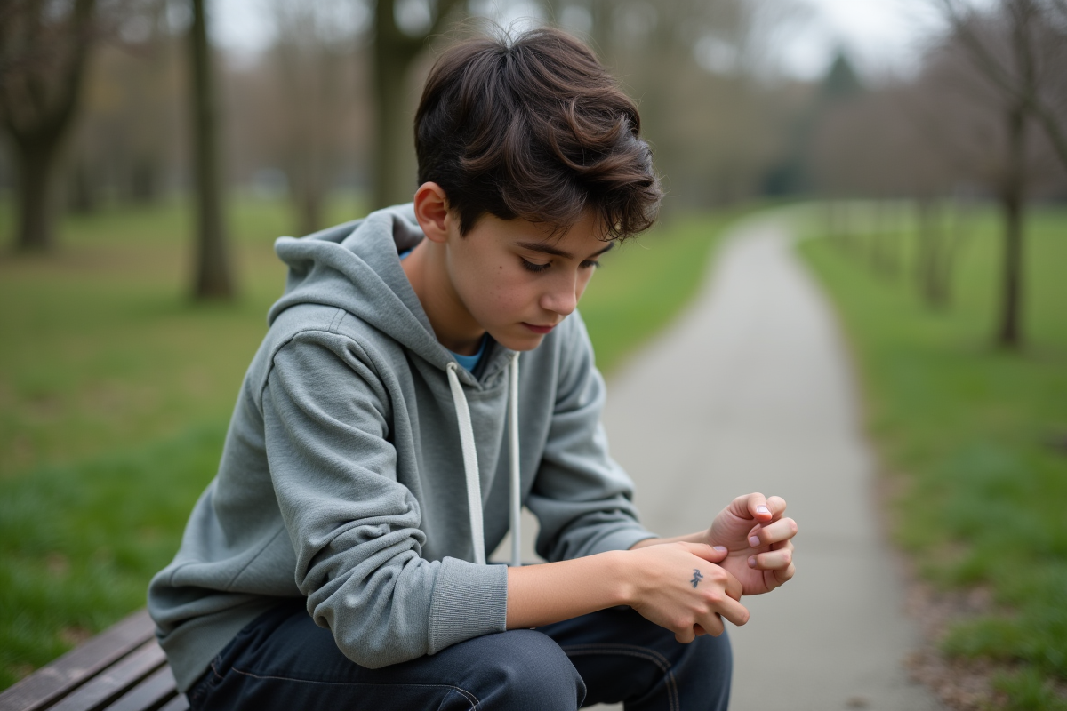 Adolescent regardant sa cicatrice sur le bras en plein air