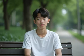 Jeune adolescent au visage remarquable assis seul dans un parc urbain, regard pensif, illustrant la pression de la célébrité à l'adolescence