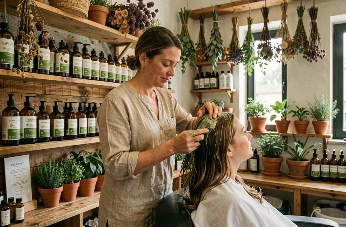 Salon Amarante à Pau, coiffeur bio appliquant un soin naturel sur une cliente