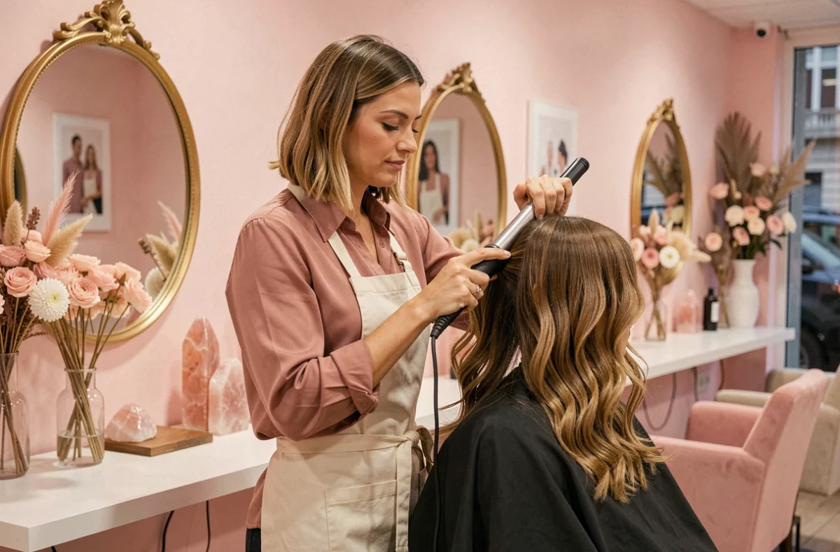 Coiffeuse du salon Anne So' Chic à Lille coiffant une cliente en ondulations dans un salon rose élégant et féminin