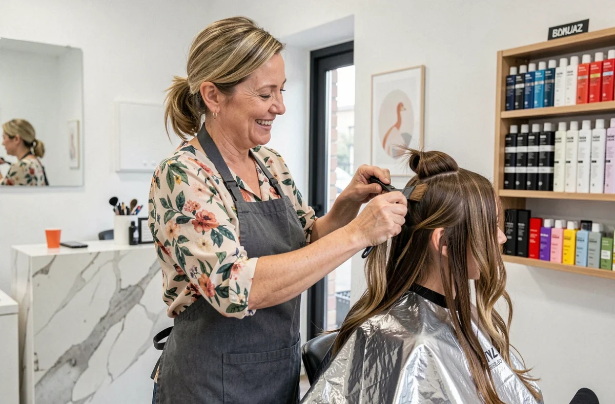 Coiffeuse Anthony M. à Marcq-en-Baroeul appliquant une coloration sur une cliente dans un salon blanc épuré