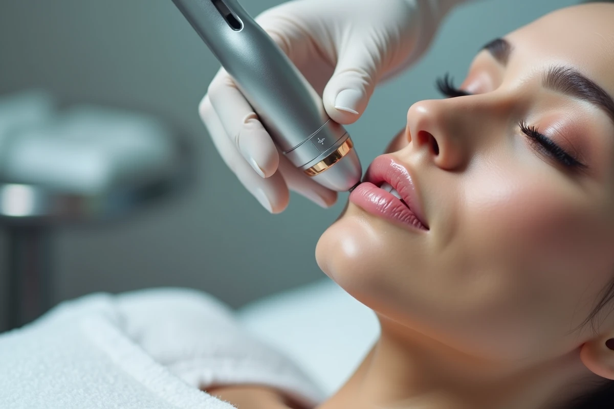 Gros plan sur un appareil d'épilation laser professionnelle appliqué sur la lèvre supérieure et le menton d'une femme en cabine esthétique