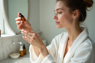 Femme appliquant une huile hydratante visage avec un compte-gouttes devant un miroir de salle de bain en marbre