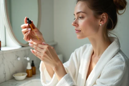 Femme appliquant une huile hydratante visage avec un compte-gouttes devant un miroir de salle de bain en marbre