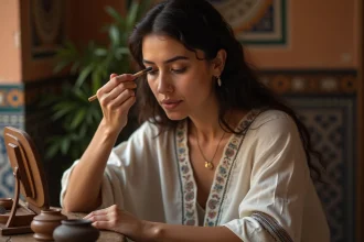 Femme appliquant du khôl traditionnel sur le bord de l'œil avec un bâtonnet en bois devant un miroir vintage