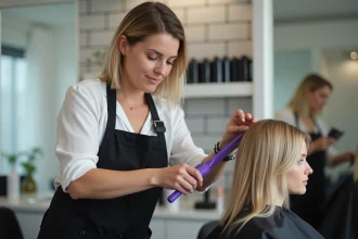 Coiffeuse appliquant une patine violette sur les cheveux blonds d'une cliente dans un salon de coiffure moderne