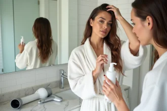 Femme appliquant un spray protecteur thermique sur cheveux humides avant le séchage dans une salle de bain moderne