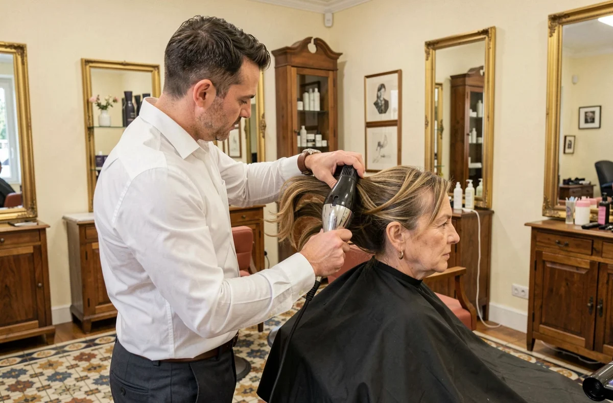 Styliste soufflant les cheveux d'une cliente au salon Attitudes Coiffure à Bayonne