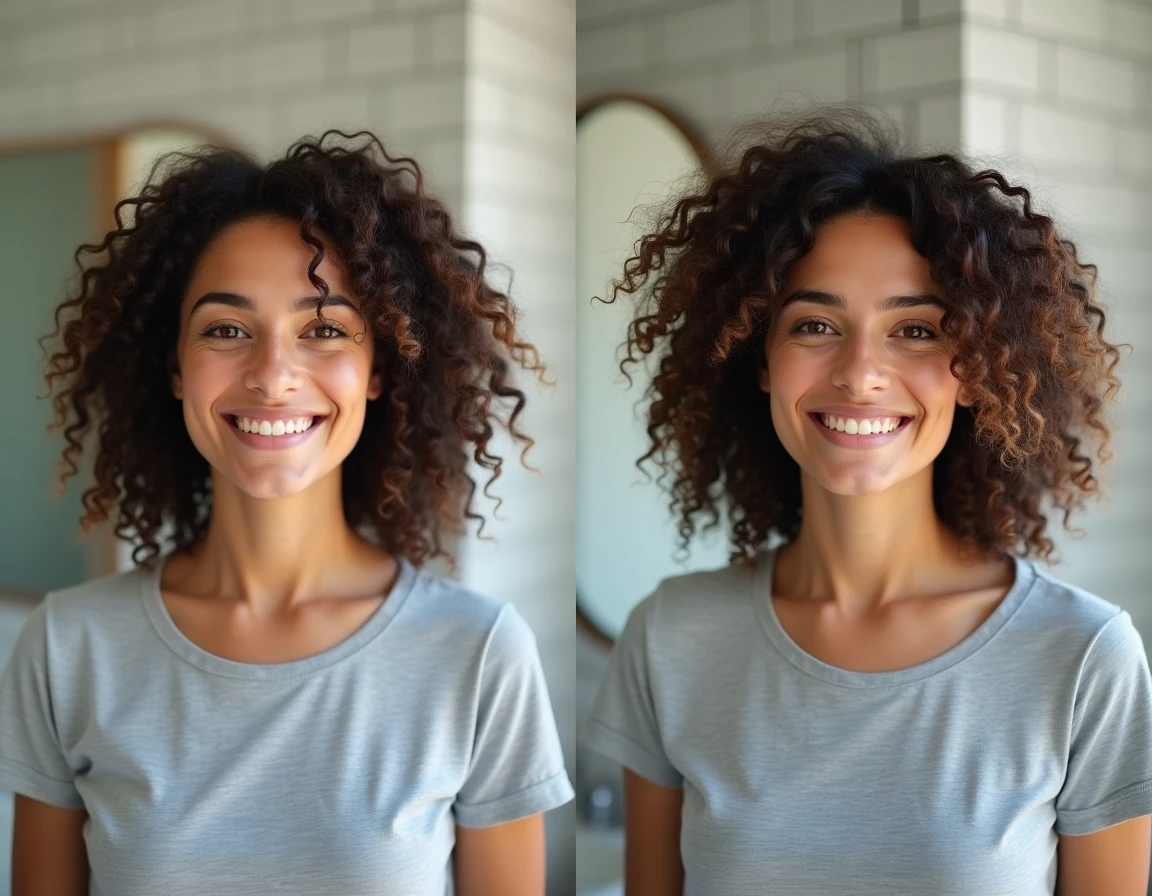 Photo avant après d'une femme aux cheveux bouclés avant et après une coupe carrée dégradée à la maison