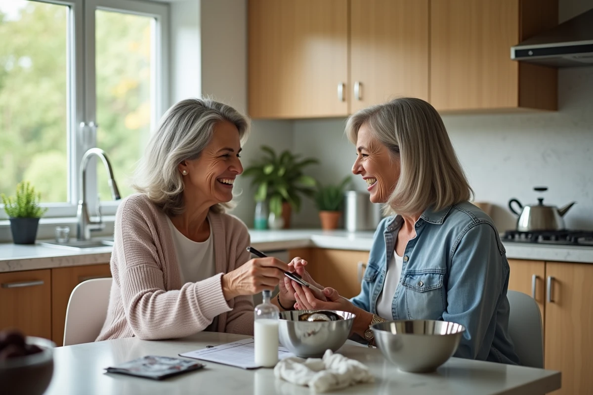 Deux femmes appliquant ensemble un balayage pour couvrir les cheveux blancs dans une cuisine lumineuse