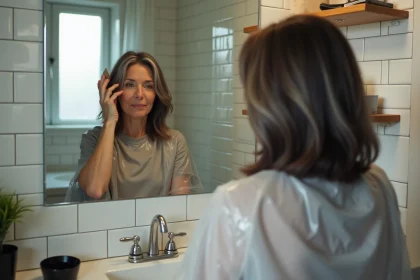 Femme aux cheveux bruns avec mèches grises appliquant un balayage maison devant un miroir de salle de bain