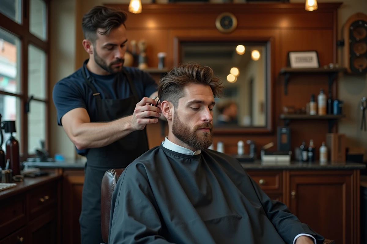 Barbier en train de réaliser une coupe taper sur un homme aux cheveux mi-longs et ondulés dans un salon de coiffure
