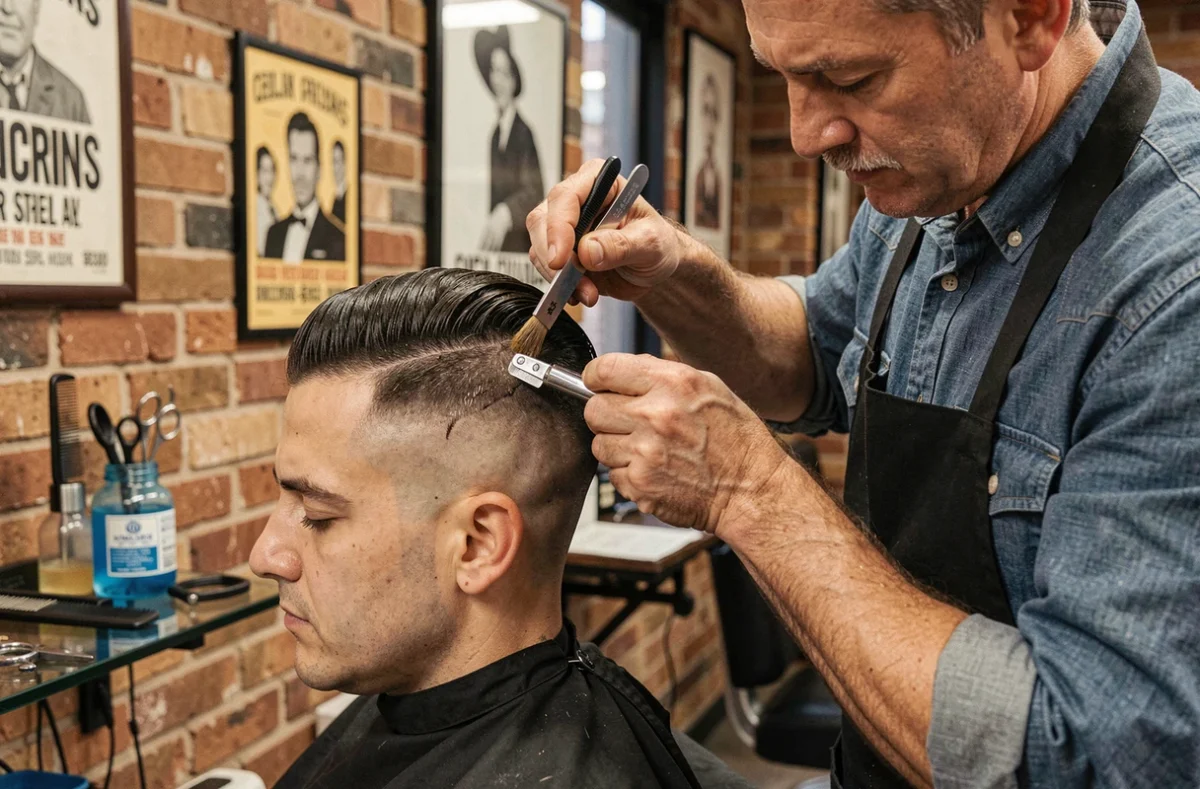 Barbier expérimenté affinant au rasoir droit la ligne de dégradé taper d'un client dans un salon au style vintage