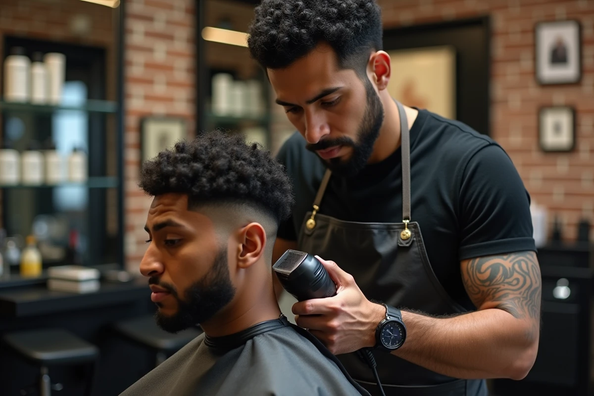 Barbier professionnel réalisant une coupe fade taper précise sur cheveux bouclés avec une tondeuse électrique
