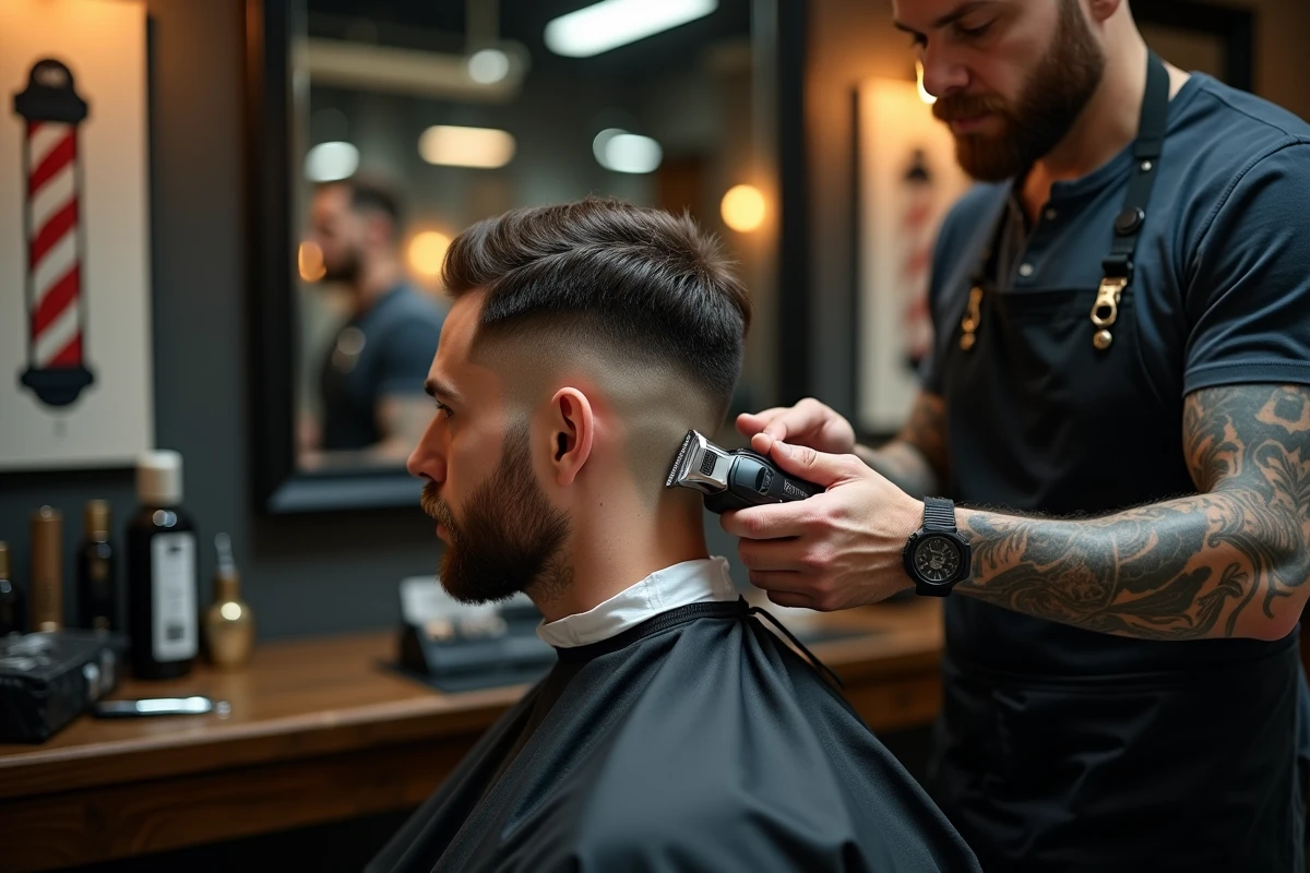 Barbier professionnel appliquant une coupe fade tapered avec une tondeuse sur un client en profil dans un salon moderne