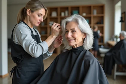 Coloriste appliquant la technique Blended Grey sur les cheveux blancs d'une femme en salon de coiffure moderne