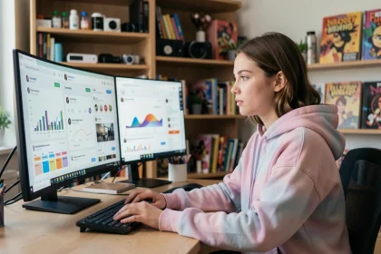 Blogueuse beauty and geek analysant les statistiques d'audience et d'engagement de son blog sur un double écran dans un bureau créatif à domicile