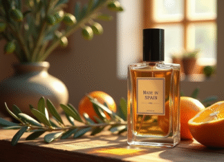 Bouteille de parfum élégante avec étiquette Made in Spain