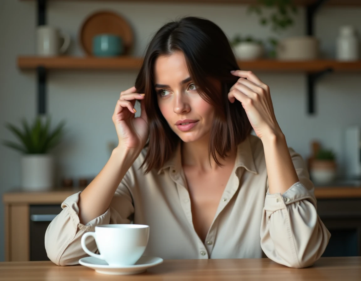 Femme aux cheveux fins avec un carré plongeant aplati après deux jours sans coiffage