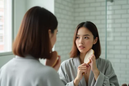 Femme aux cheveux fins avec un carré plongeant se coiffant devant un miroir de salle de bain moderne