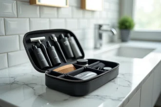 Case vanity homme ouverte sur un comptoir de salle de bain en marbre avec accessoires de toilette organisés