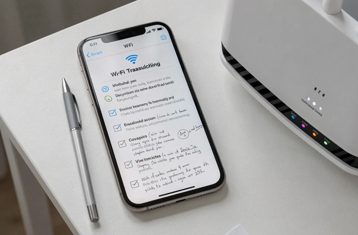 Check-list imprimée et smartphone affichant un dépannage Wi-Fi posés sur un bureau pour vérifier une connexion Hairnet