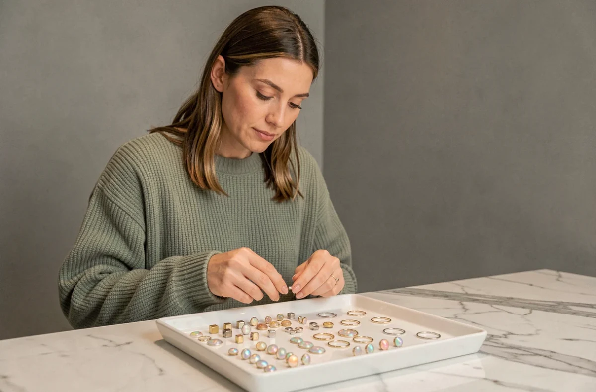 Femme choisissant un bijou pour piercing labret décalé parmi plusieurs options disposées sur un plateau en céramique blanche