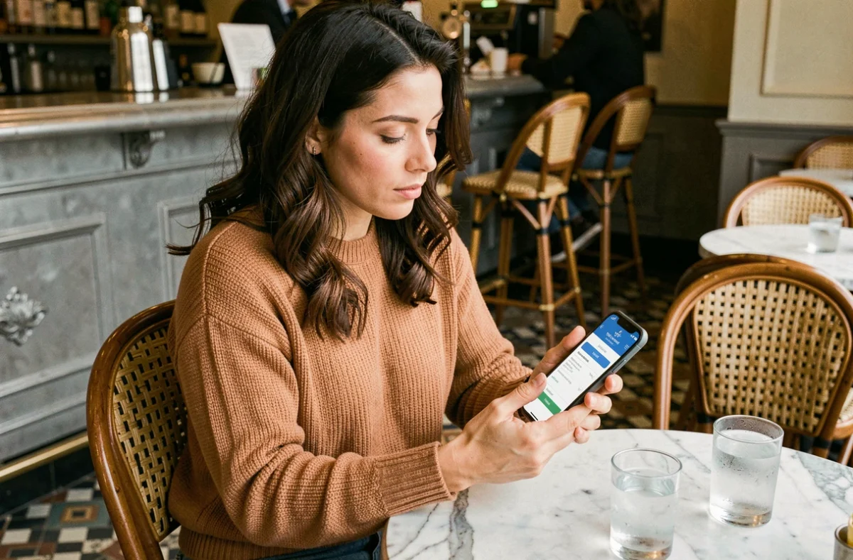 Jeune femme choisissant une prestation de coiffure en ligne sur son smartphone dans un café parisien