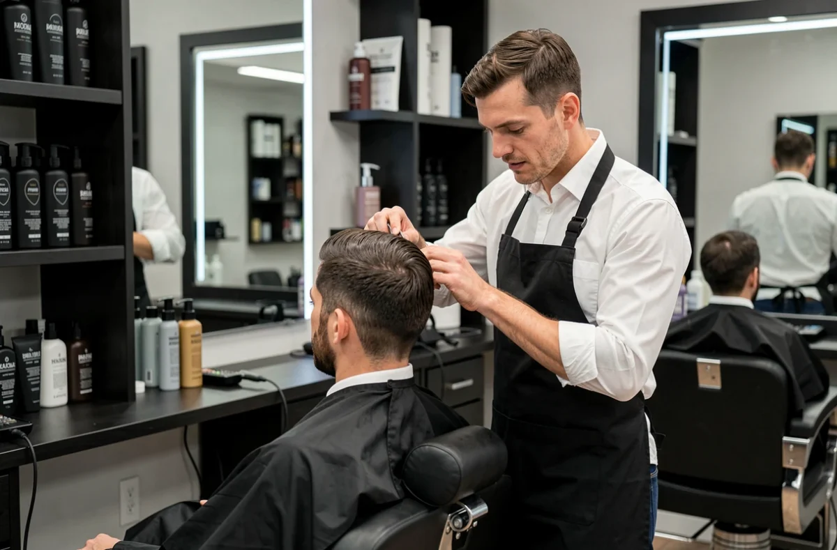 Coiffeur professionnel Guillaume H. à Croix coiffant un client dans un salon moderne avec décoration urbaine contemporaine