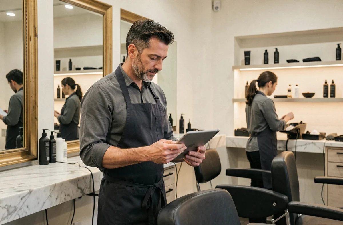 Coiffeur parisien consultant les réservations en ligne de son salon sur une tablette numérique