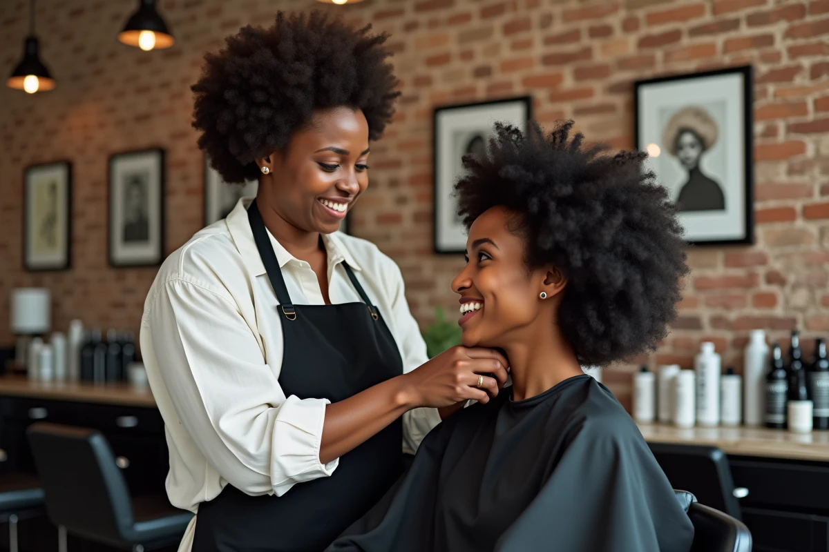 Coiffeuse afro professionnelle en train de coiffer les cheveux naturels d'une cliente dans un studio de coiffure urbain