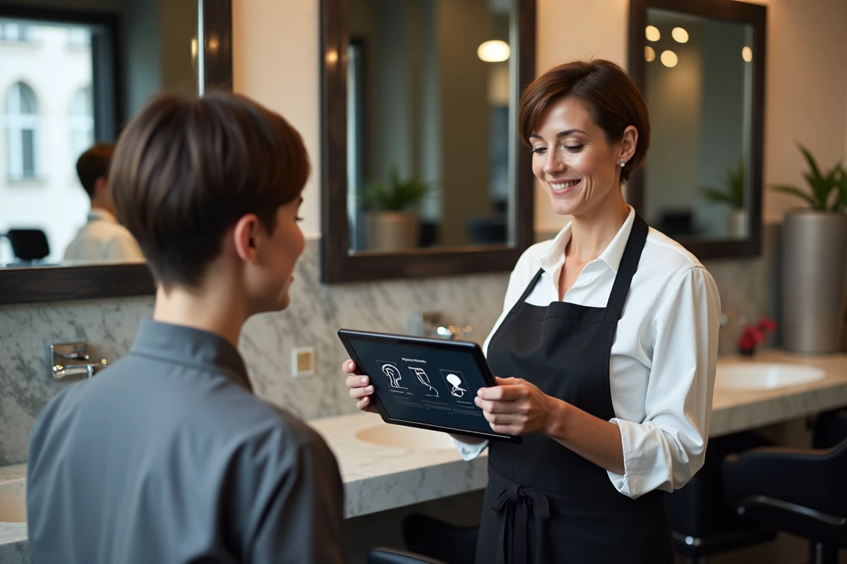 Coiffeuse professionnelle utilisant un outil numérique d'analyse de coupe avec une cliente dans un salon de coiffure moderne