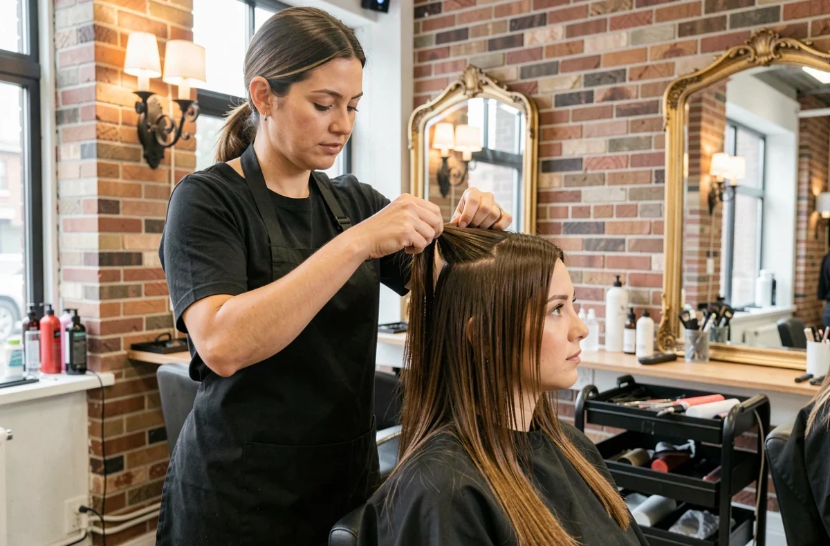 Coiffeuse professionnelle taillant une frange rideau brune sur une cliente aux cheveux fins dans un salon moderne