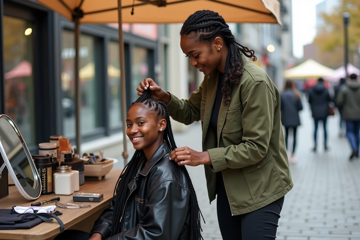 Coiffeuse freelance en plein air réalisant une tresse couronne afro lors d'un événement urbain communautaire