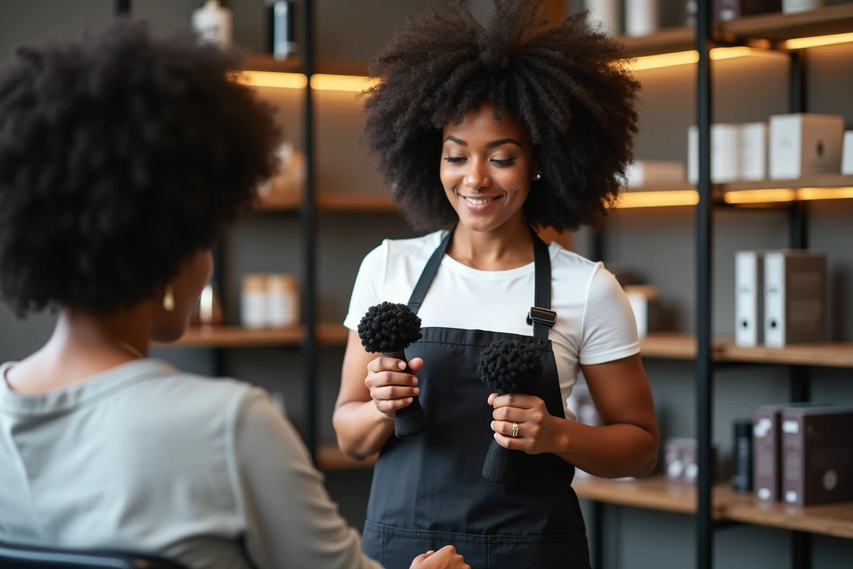 Coiffeuse spécialisée présentant des mèches afro naturelles à une cliente en salon