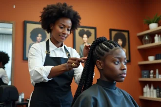 Coiffeuse professionnelle réalisant des tresses afro sur une cliente dans un salon de coiffure moderne