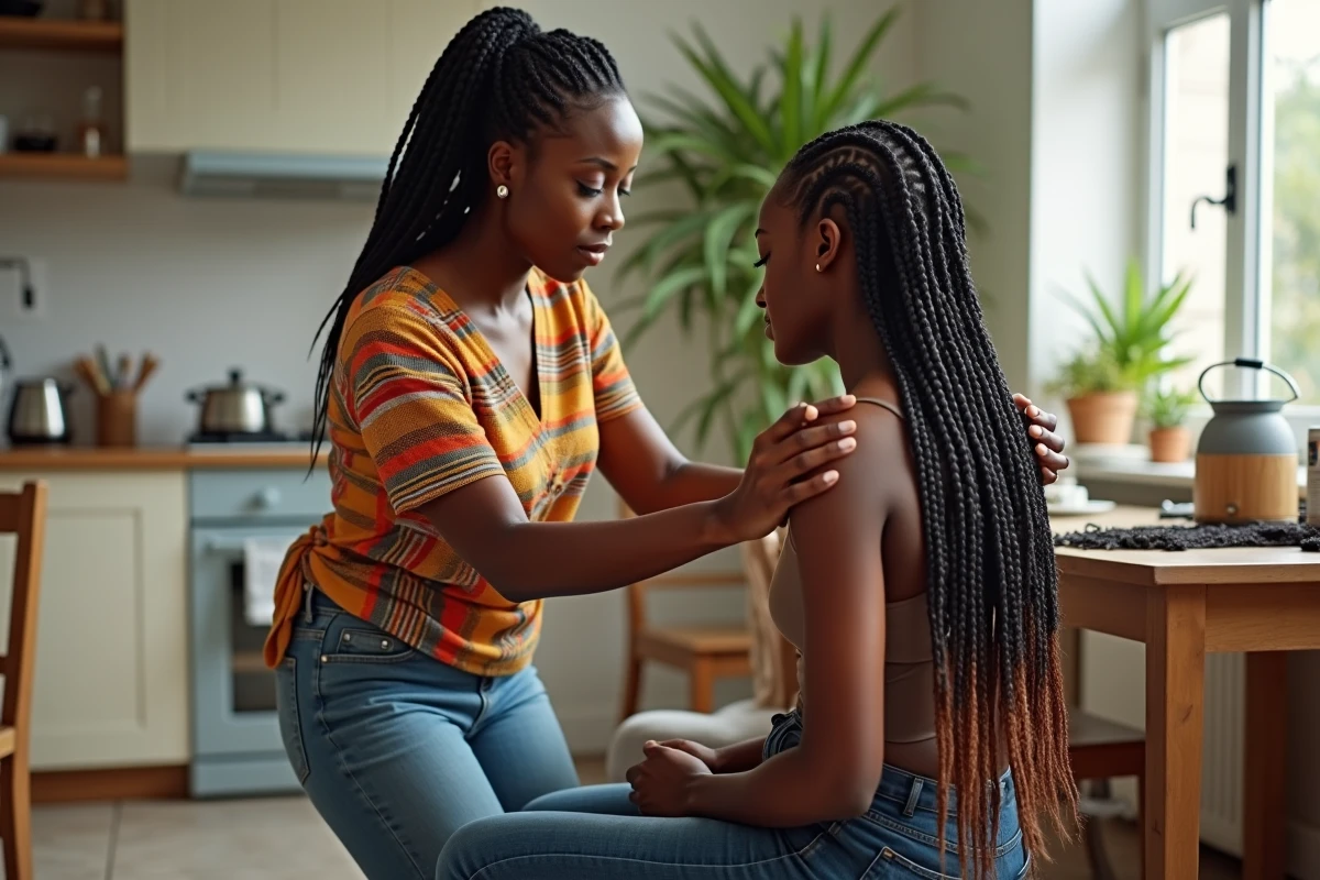 Coiffeuse freelance réalisant des tresses box braids à domicile dans un cadre chaleureux et décontracté