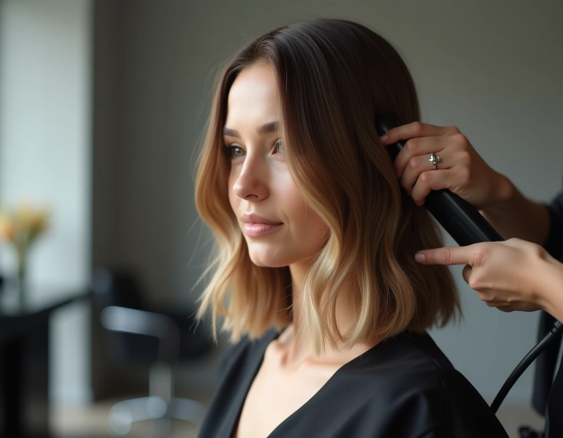 Coiffeuse professionnelle travaillant un carré plongeant sur cheveux fins en salon de coiffure
