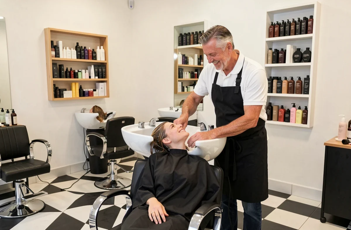 Coiffeur du salon Coiffure Plus à Cambrai réalisant un soin capillaire à une cliente dans un salon classique et accueillant