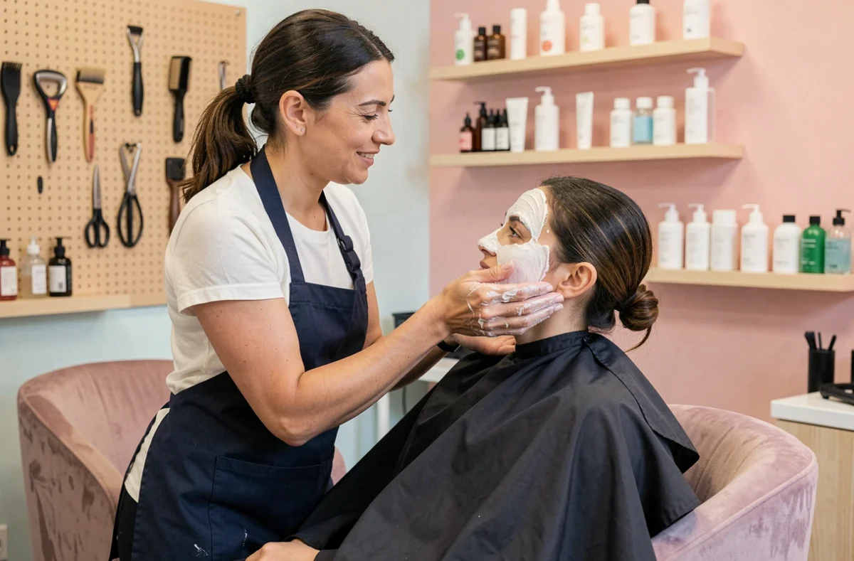Coiffeuse Sandrine Moreaux à Pau appliquant un masque capillaire sur une cliente