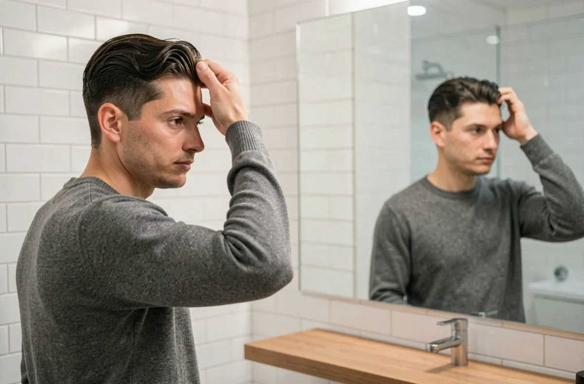 Homme aux cheveux fins coiffé effet wavy devant un miroir de salle de bain dans un contexte de grooming quotidien