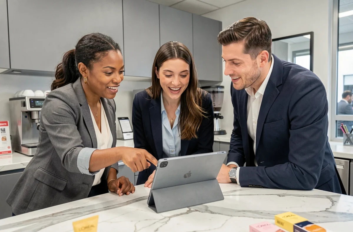 Collègues L'Oréal découvrant ensemble le nouveau portail de vente au personnel sur une tablette