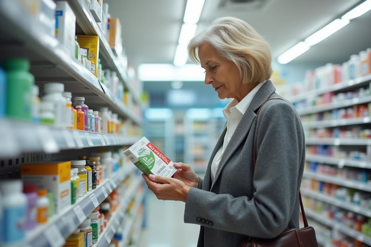 Femme comparant des compléments alimentaires naturels en pharmacie avec attention