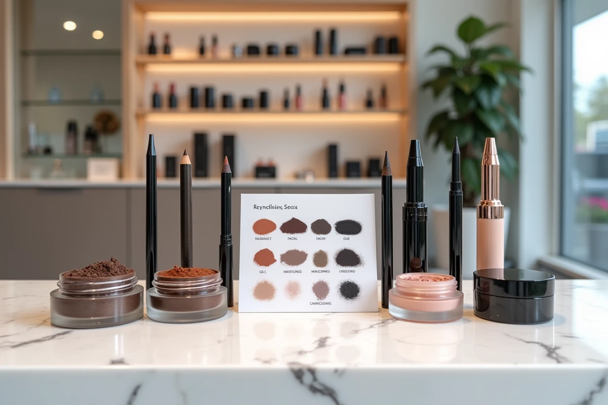 Comparaison de produits khôl traditionnel et eye-liner moderne côte à côte sur un comptoir de boutique cosmétique