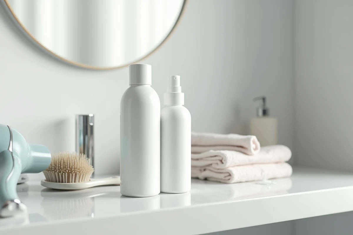 Comparaison d'un spray et d'un sérum protecteur thermique pour cheveux posés sur une étagère de salle de bain
