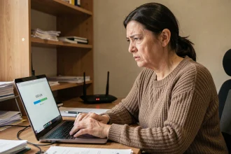 Femme frustrée devant un écran d'ordinateur avec une connexion Hairnet lente dans un bureau à domicile