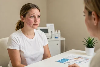 Jeune femme consultant un spécialiste laser pour traiter son acné et sa peau sensible dans une clinique moderne au Havre