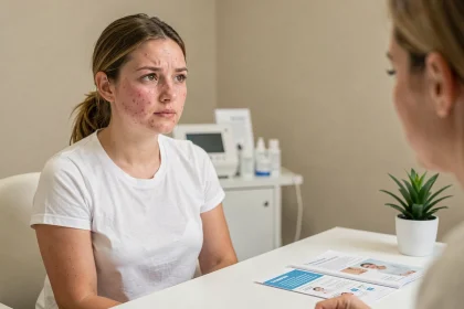 Jeune femme consultant un spécialiste laser pour traiter son acné et sa peau sensible dans une clinique moderne au Havre