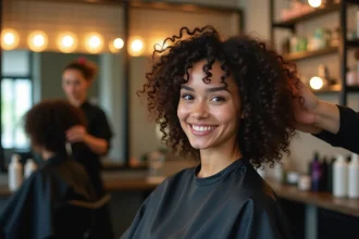 Femme aux cheveux bouclés pendant une coupe carrée dégradée chez le coiffeur, reflet dans le miroir du salon